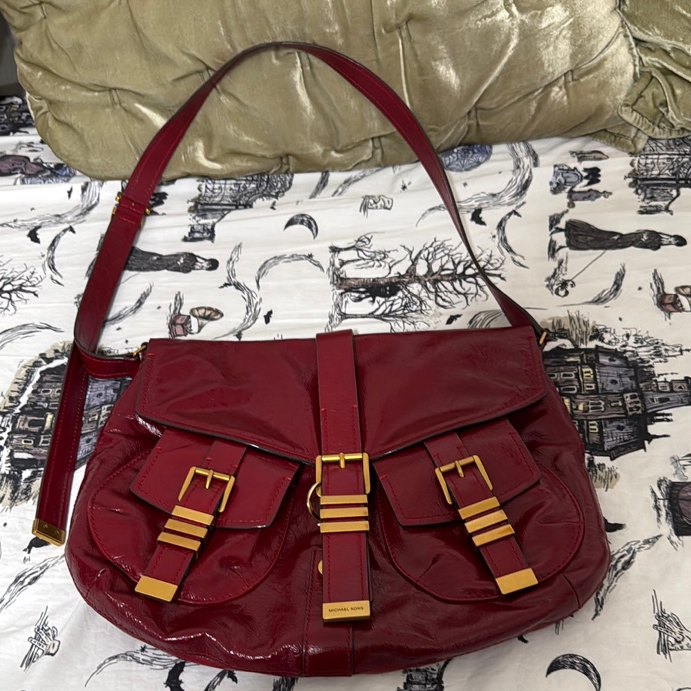 Michael Kors Red Crescent Shoulder Bag with Gold Accents